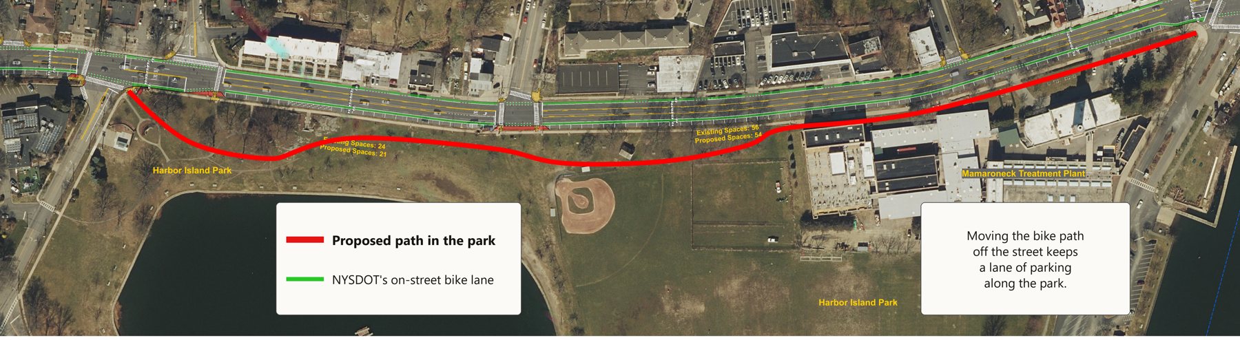 Aerial view of Boston Post Road between Orienta Avenue and Mamaroneck Avenue, with a red line showing a proposed bike path curving through Harbor Island Park, away from the street, to the water treatment plant.