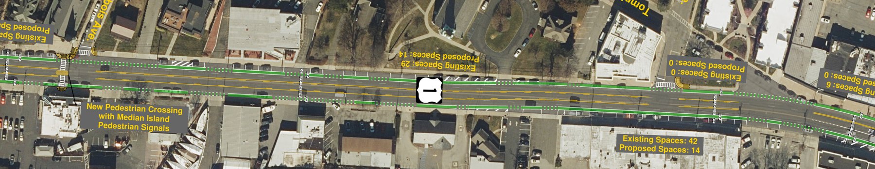 NYSDOT plan between Dubois Avenue and Beach Avenue: the north side keeps 14 spaces on one stretch, and further east the south side keeps 14.