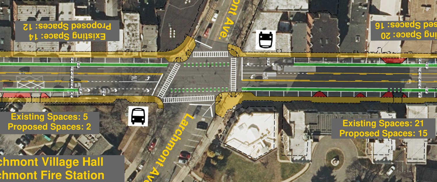 Detail of NYSDOT's plan at Boston Post Road and Larchmont Avenue: a bus stop on each side of the street next to the intersection, yellow labels with each block's existing and proposed parking spaces, and red decorative buffers along the curb.