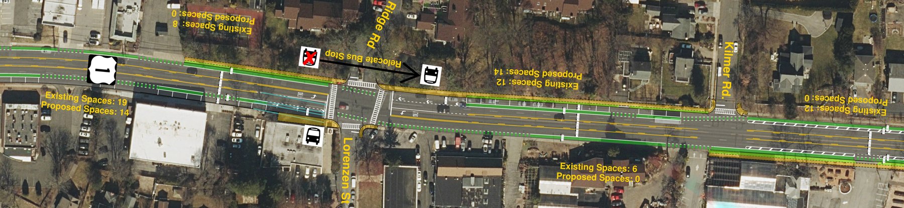 NYSDOT plan at Lorenzen Street: west of the street the south side keeps 14 of 19 spaces and the north side goes to zero; east of it the north side keeps 14 and the south side goes to zero.