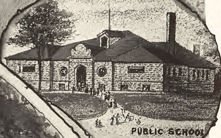 Engraving of the 1902 Larchmont public school, a low stone building, with children walking up the path to the door.