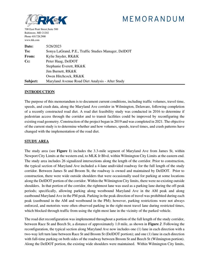 First page of RK&K's memorandum to DelDOT, Maryland Avenue Road Diet Analysis, After Study, May 26, 2023.