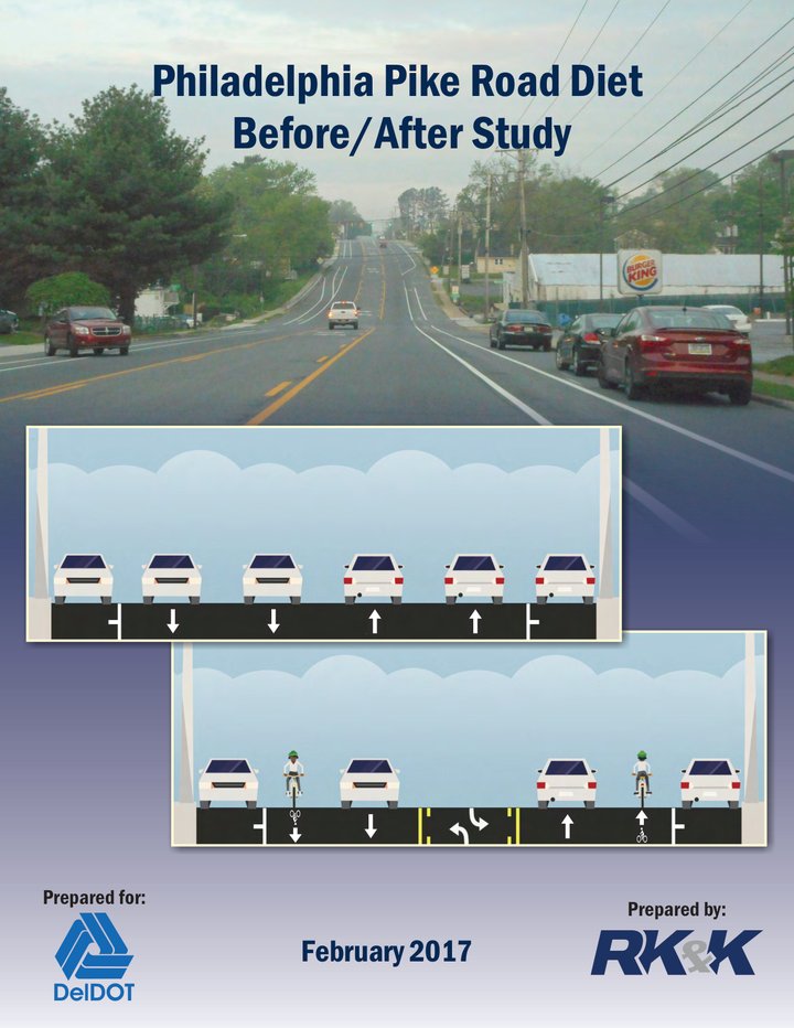 Cover of the Philadelphia Pike Road Diet Before/After Study, February 2017, showing the road and before-and-after cross-sections.