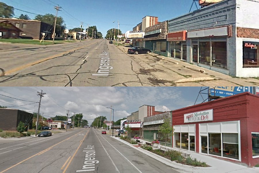 The same Ingersoll Avenue corner before and after the road diet: above, cracked four-lane pavement; below, one lane each way with a bike lane, a center turn lane, planters and benches.