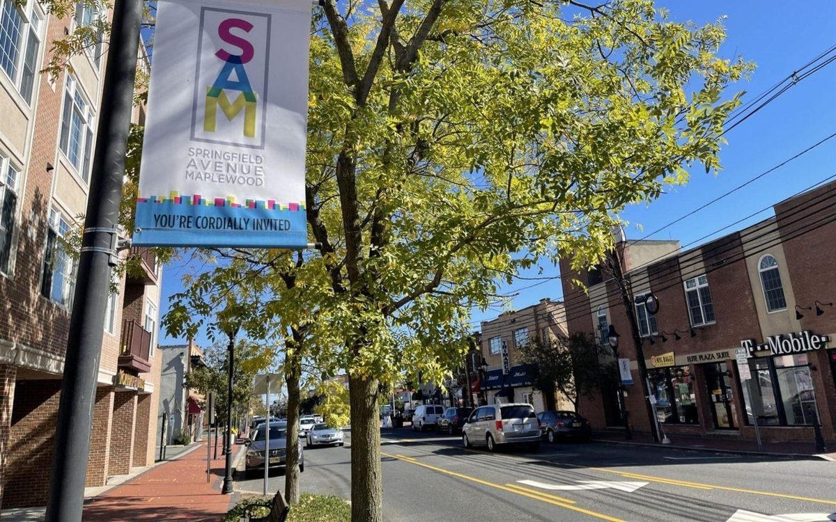 Springfield Avenue in Maplewood: street trees and a brick sidewalk in front of shops and apartments, with a banner on a lamppost reading Springfield Avenue Maplewood, and cars parked along the curb.