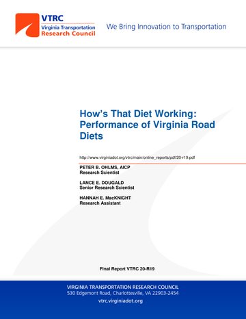 Cover of the report How's That Diet Working: Performance of Virginia Road Diets, VTRC 20-R19.