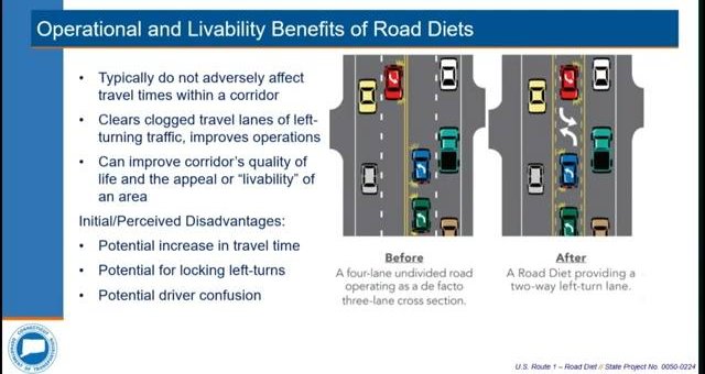 CTDOT slide, Operational and Livability Benefits of Road Diets, with before-and-after diagrams of a four-lane road and a three-lane road with a two-way left-turn lane.
