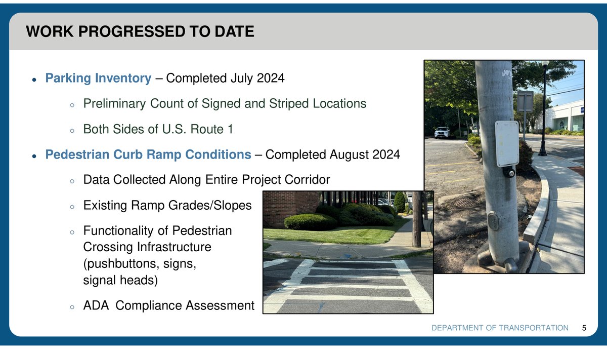 NYSDOT slide: parking inventory completed July 2024 and pedestrian curb ramp conditions completed August 2024, with photographs of a curb ramp and a crosswalk.