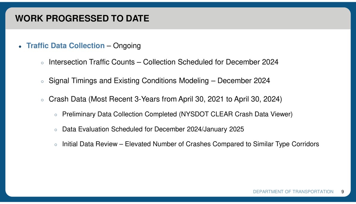 NYSDOT slide: traffic data collection, intersection traffic counts, signal timings and existing conditions modeling, and three years of crash data.
